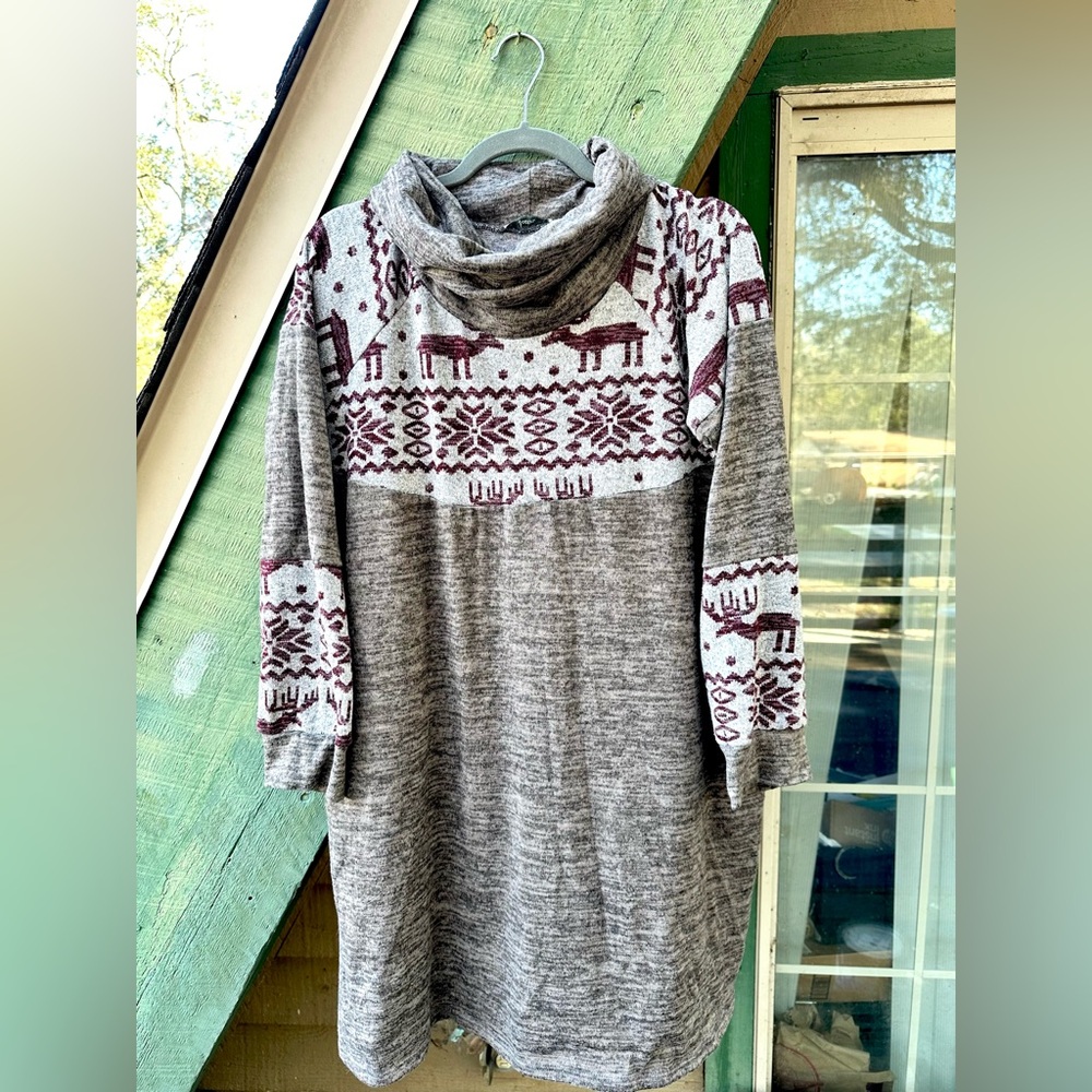 Cozy Gray and Burgundy Nordic Patterned Tunic Sweater Dress